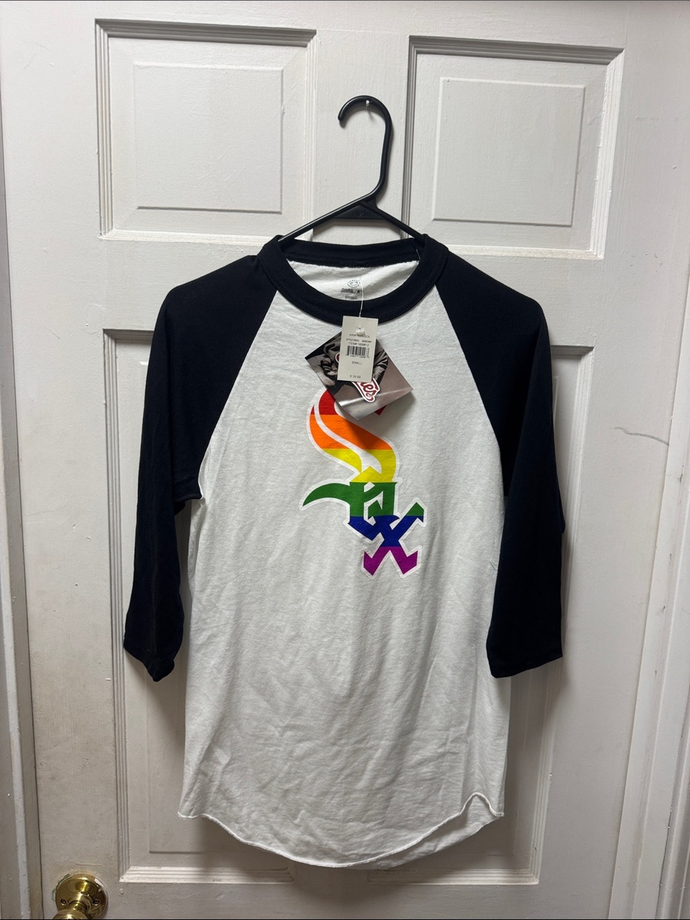 Stitches White & Black Raglan Tee with Rainbow Sox Logo